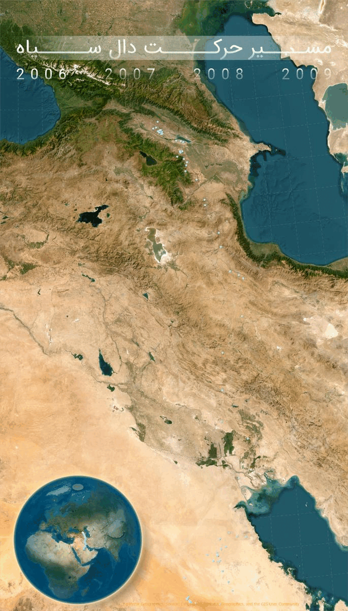 نقشه مسیر حرکت پرنده دال سیاه در ایران